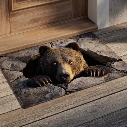 Hardcore 3D Natural Realism Style Lifelike Bear Face & Cracked Concrete Pattern Bear Doormat with Textured Weave & Outdoor Safe | Bear Doormat