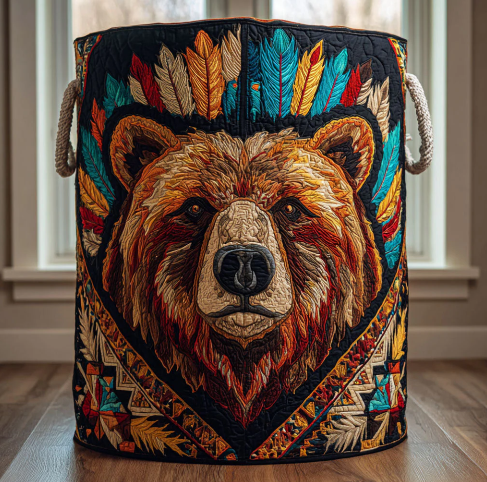 Vibrant Tribal Bear Pattern Quilted Laundry Basket Eco-Friendly Machine Washable Storage Bin for Home Rustic Cabin Decor Organization | Bear
