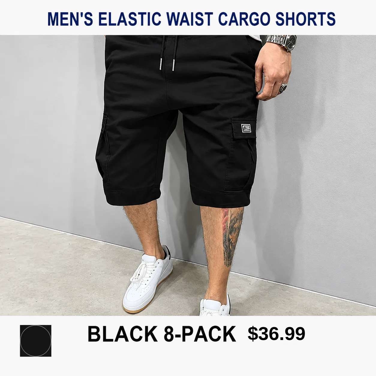 Men's 8-Pack Elastic Waist Drawstring Cargo Shorts