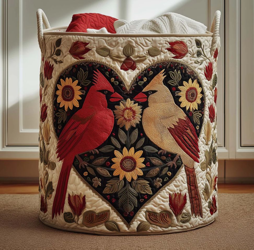 Elegant Cardinal Bird & Floral Pattern Quilted Laundry Basket Eco-Friendly Machine Washable Storage Bin for Home Rustic Country Decor | Bird