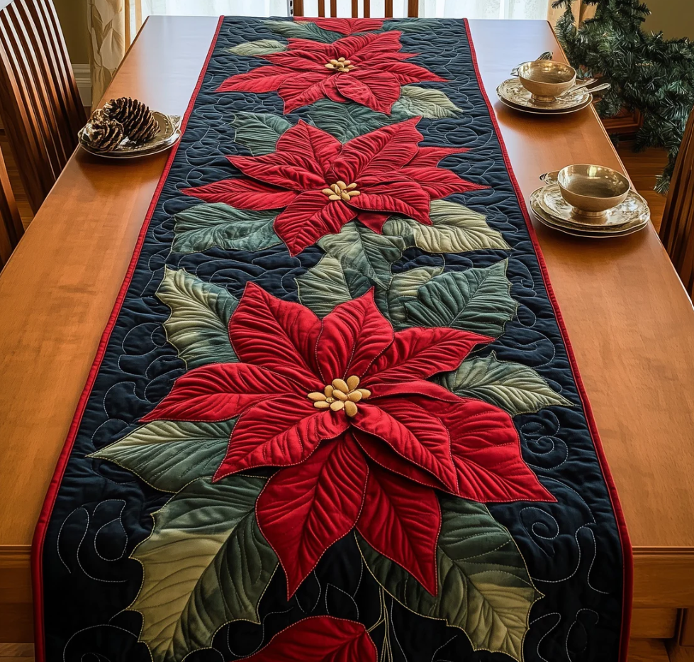 Poinsettia Pattern Quilted Table Runner Floral Embroidered Dining Table Flag for Home Decor | flower