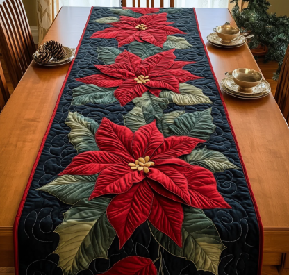Poinsettia Pattern Quilted Table Runner Floral Embroidered Dining Table Flag for Home Decor | flower