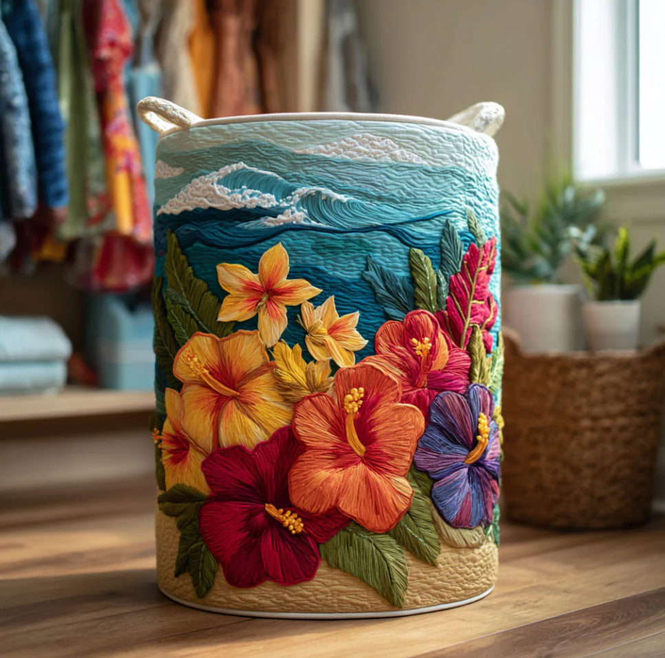 Tropical Hawaiian Floral & Palm Tree Pattern Quilted Laundry Basket Eco-Friendly Machine Washable Storage Bin for Home Coastal Decor Organization | Sunset  Sea