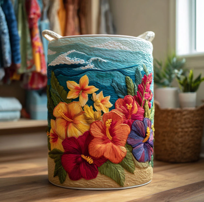 Tropical Hawaiian Floral & Palm Tree Pattern Quilted Laundry Basket Eco-Friendly Machine Washable Storage Bin for Home Coastal Decor Organization | Sunset  Sea