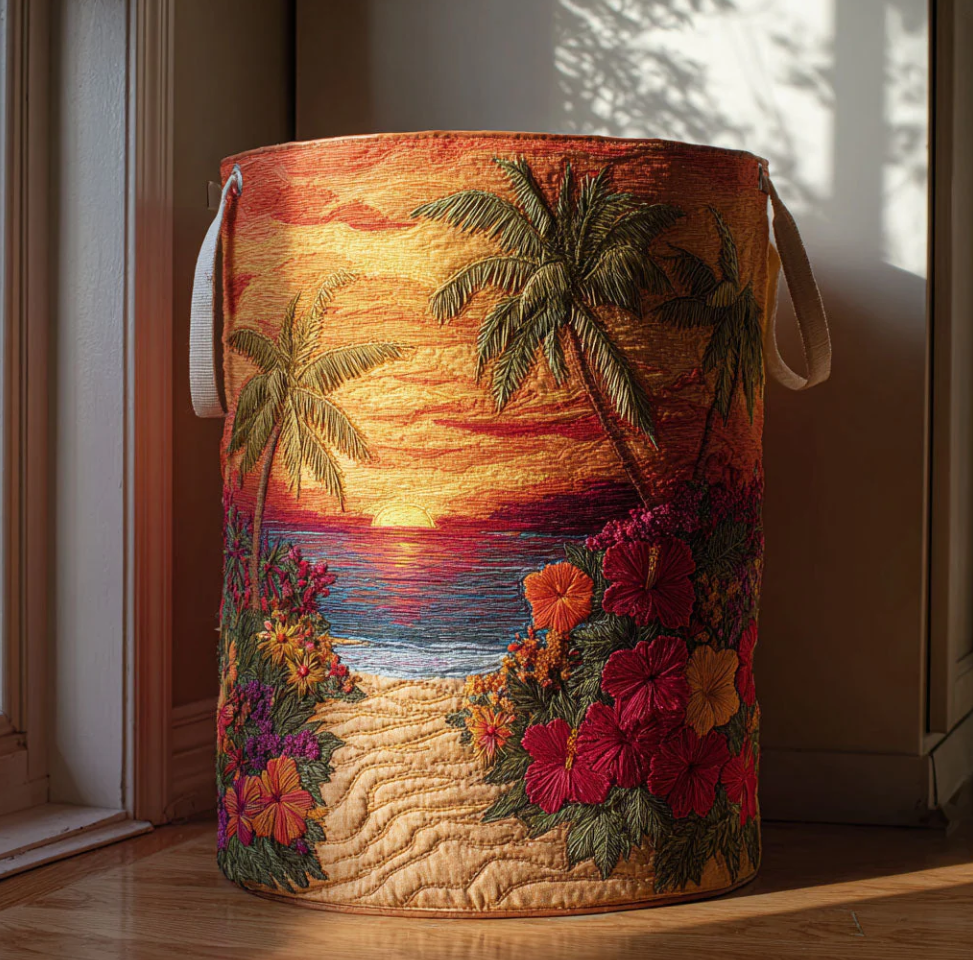 Tropical Hawaiian Floral & Palm Tree Pattern Quilted Laundry Basket Eco-Friendly Machine Washable Storage Bin for Home Coastal Decor Organization | Sunset  Sea