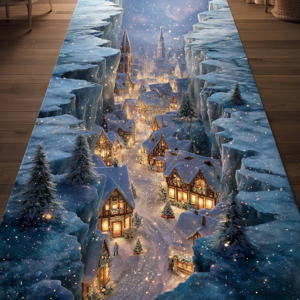 Enchanting Christmas Town Runner Rug with Snow-Covered Cottages & Sparkling Snowfall Pattern | Christmas Town