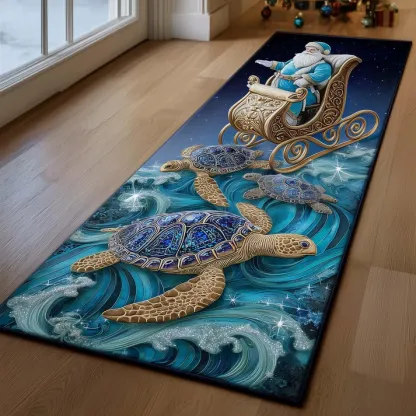 Whimsical Underwater Fairy Tale Style Turtle Drift & Golden Filigree Pattern Quilted Runner Rug with Magical Ocean Decor | Turtle