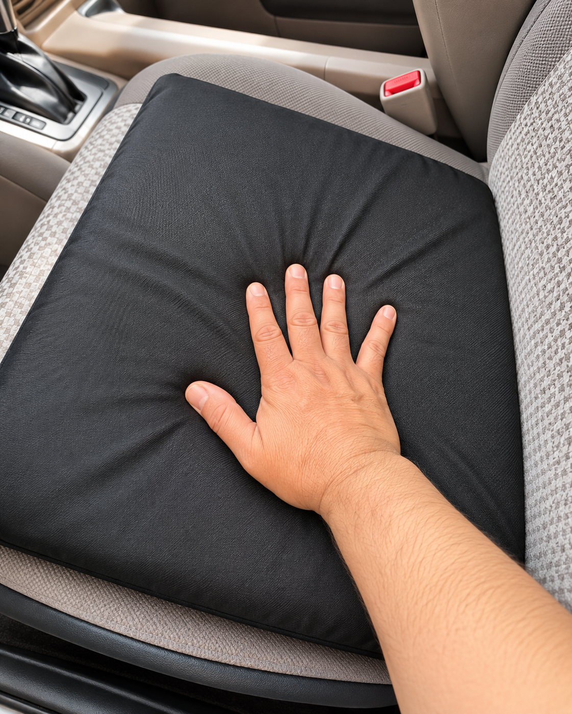 Hand pressing a black seat cushion cover on a car seat to show flexible cushioning