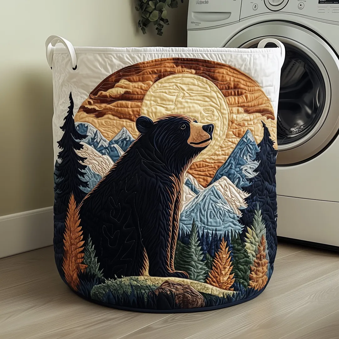 Forest Bear Quilted Laundry Basket, Large Capacity Round Hamper with Rustic Black Bear, Mountain & Full Moon Landscape Print