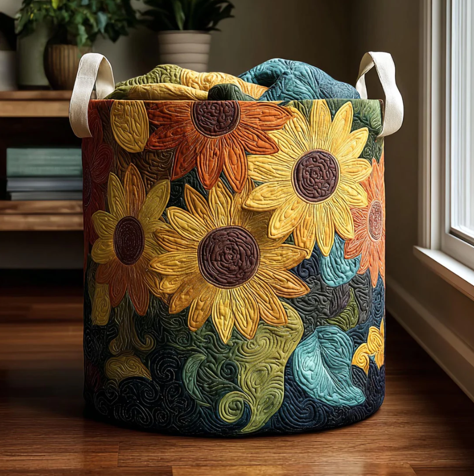 Vivid Sunflower Floral Pattern Quilted Laundry Basket Eco-Friendly Machine Washable Storage Bin for Home Farmhouse Living Room Decor | Sunflower