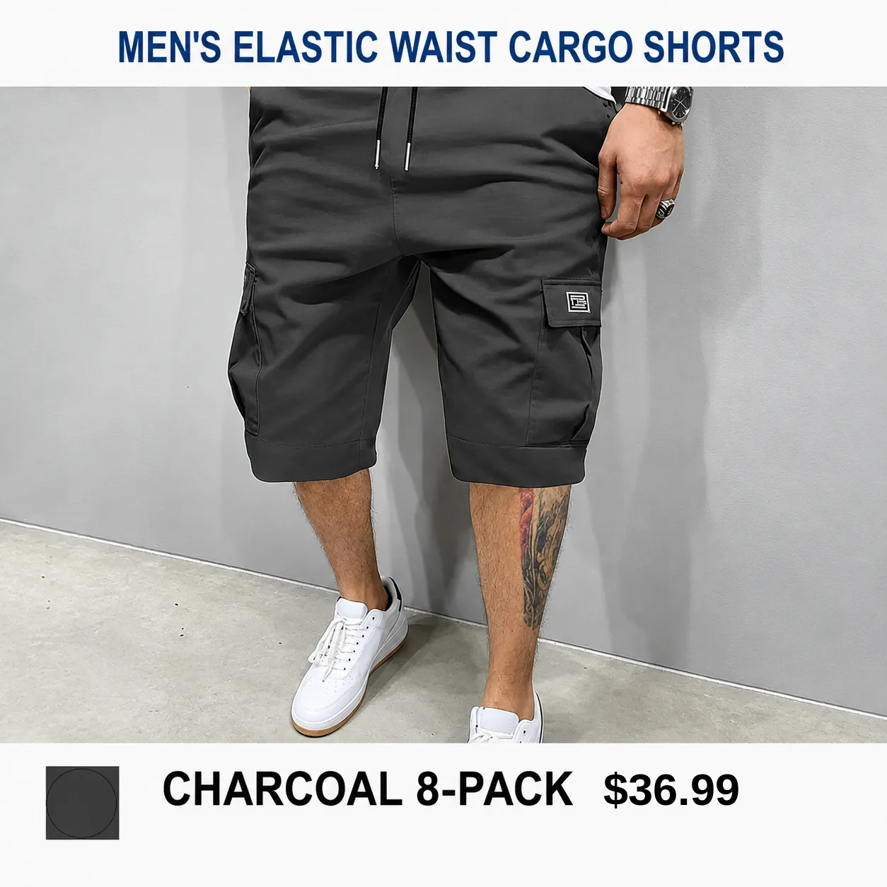 Men's 8-Pack Elastic Waist Drawstring Cargo Shorts