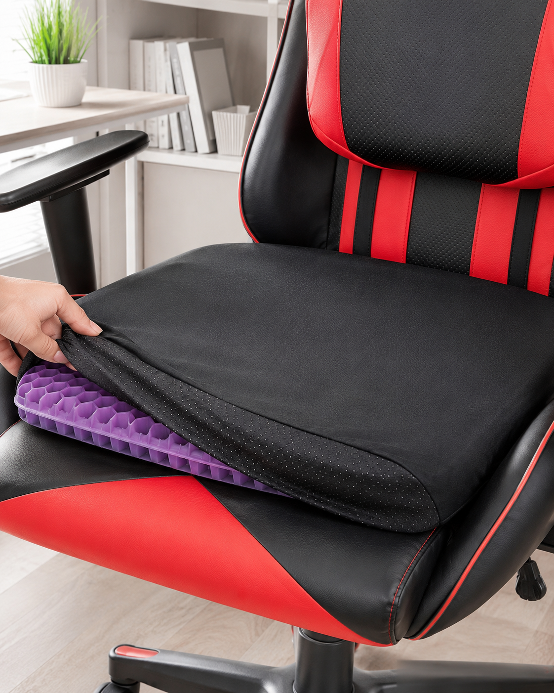 Seat cushion cover lifted to show purple honeycomb gel insert and non-slip underside
