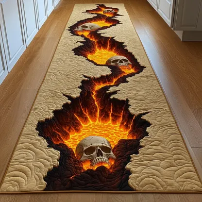 3D Gothic Dark Style Flaming Pathway & Hell Staircase Skull Pattern Quilted Runner Rug with Lava Crack Decor | Flaming Skull