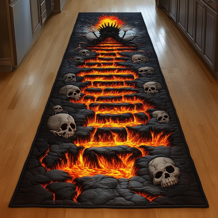 3D Gothic Dark Style Flaming Pathway & Hell Staircase Skull Pattern Quilted Runner Rug with Lava Crack Decor | Flaming Skull