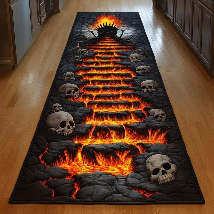 3D Gothic Dark Style Flaming Pathway & Hell Staircase Skull Pattern Quilted Runner Rug with Lava Crack Decor | Flaming Skull