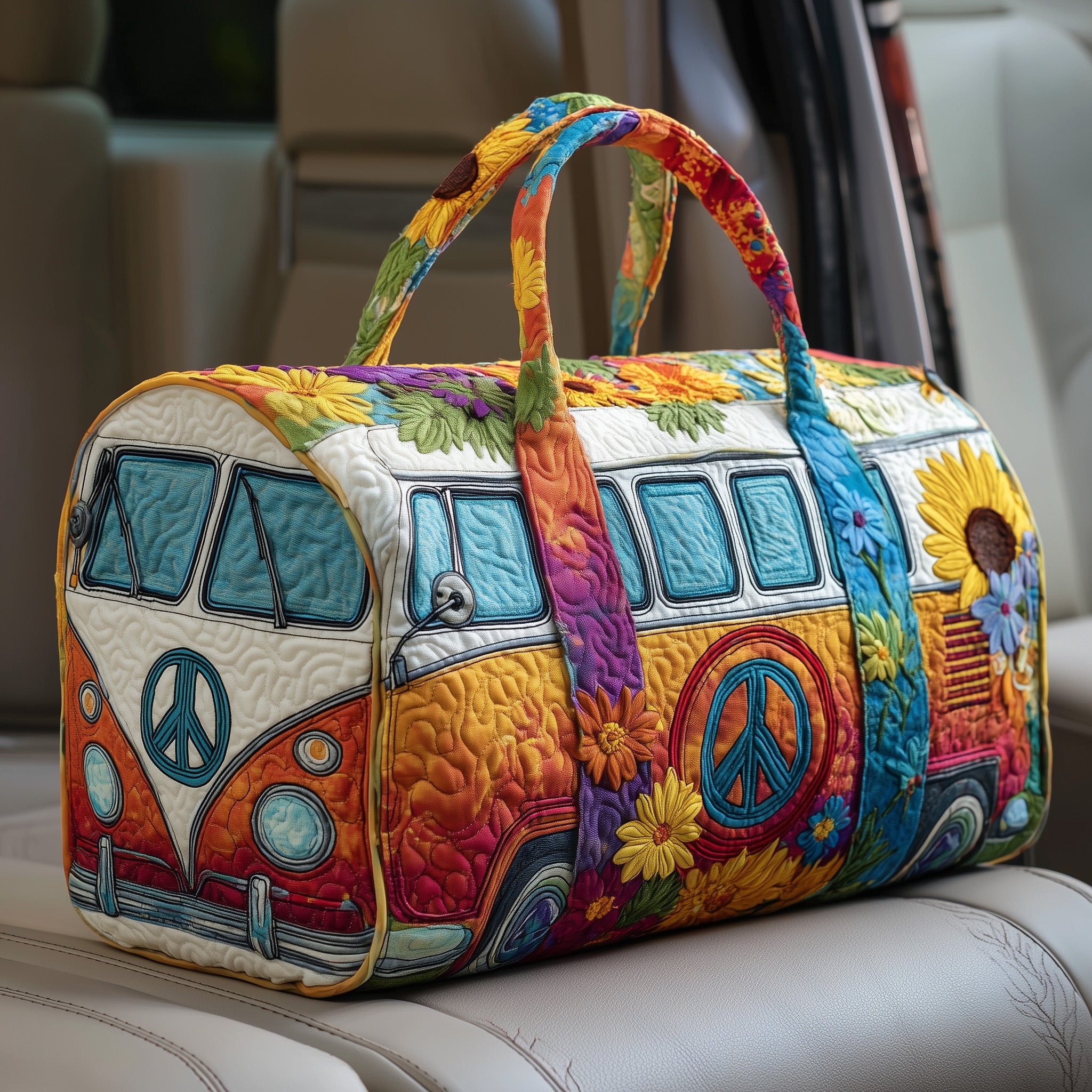 Hippie Van Quilted Duffle Bag – Retro Boho Travel & Weekender Bag