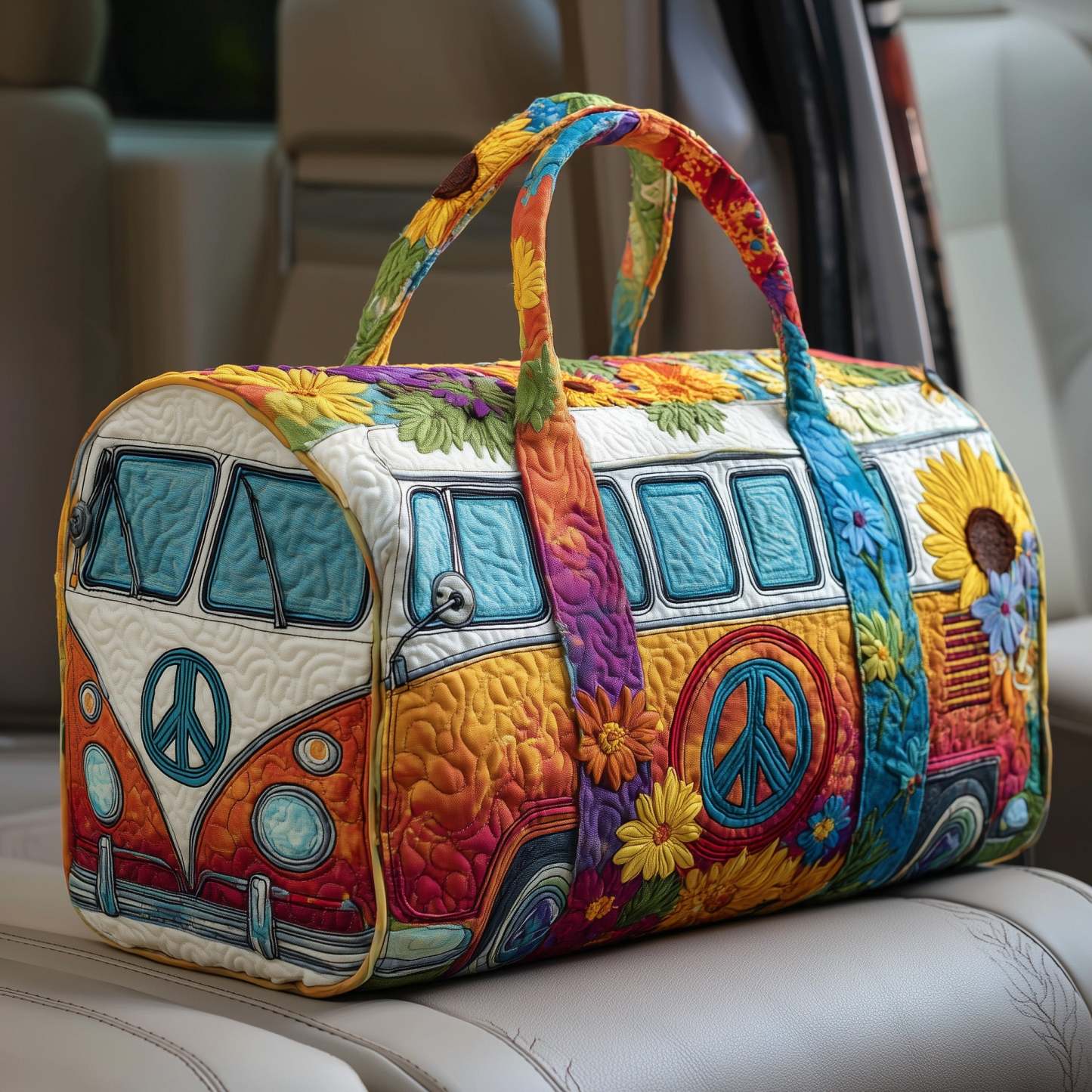 Hippie Van Quilted Duffle Bag – Retro Boho Travel & Weekender Bag