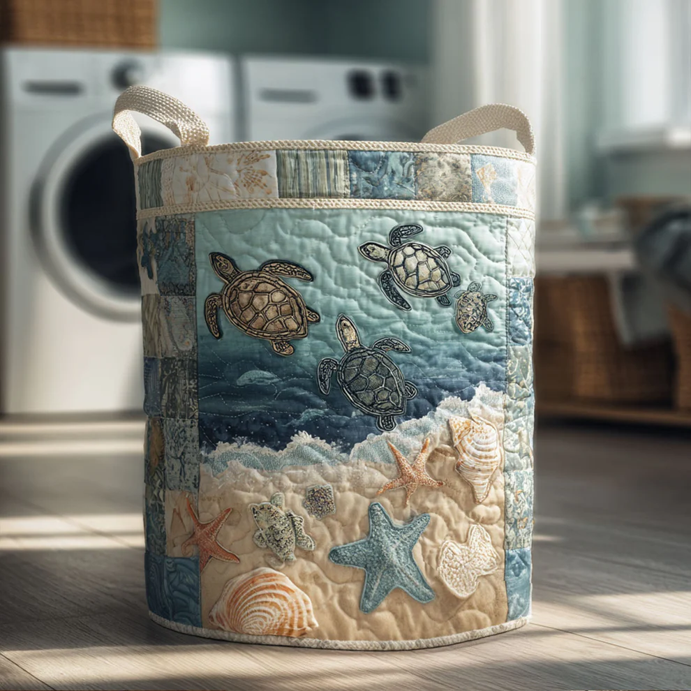 Turtle and Ocean Quilted Laundry Basket