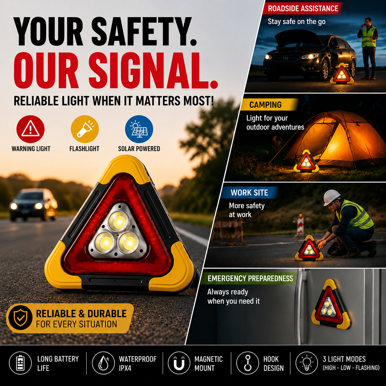 Red LED warning triangle viewed from a vehicle on a dark rainy road