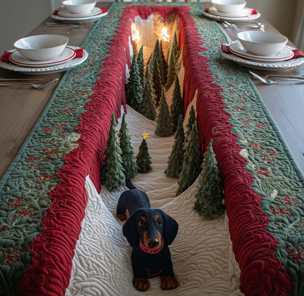 Sausage Dog Quilted Table Runner Dachshund Forest Path Pattern Dining Table Flag for Home Decor | Dog