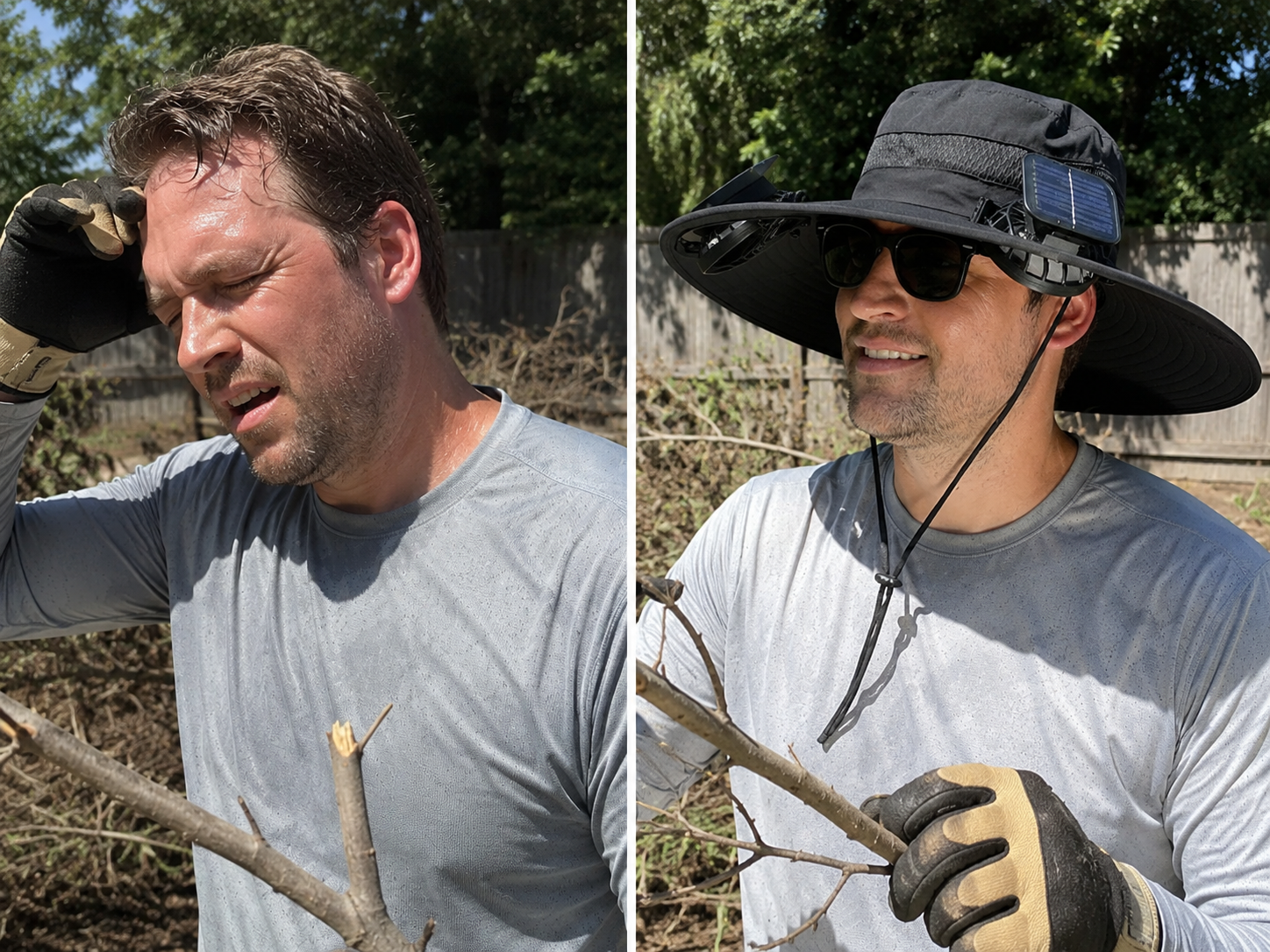 Before and after image showing a hot outdoor worker switching to the solar fan sun hat for cooling comfort