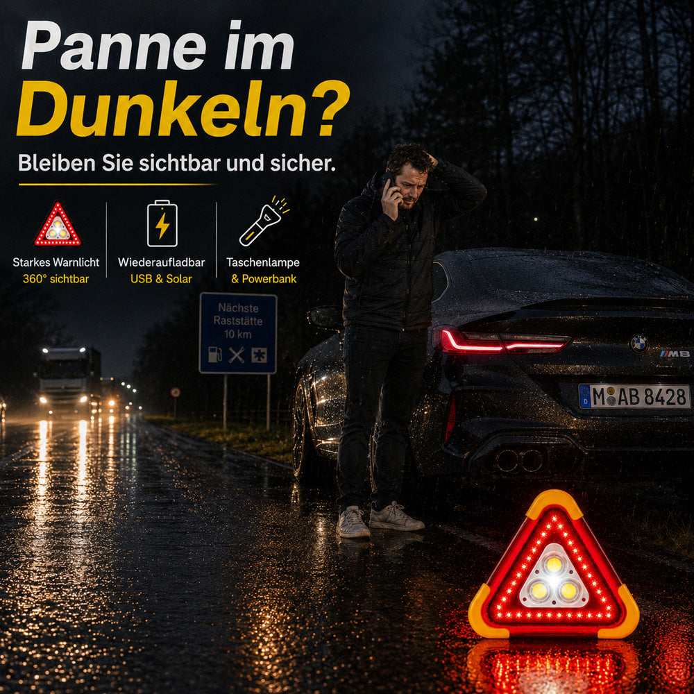LED-Warnlicht bei einer Fahrzeugpanne in der Dunkelheit