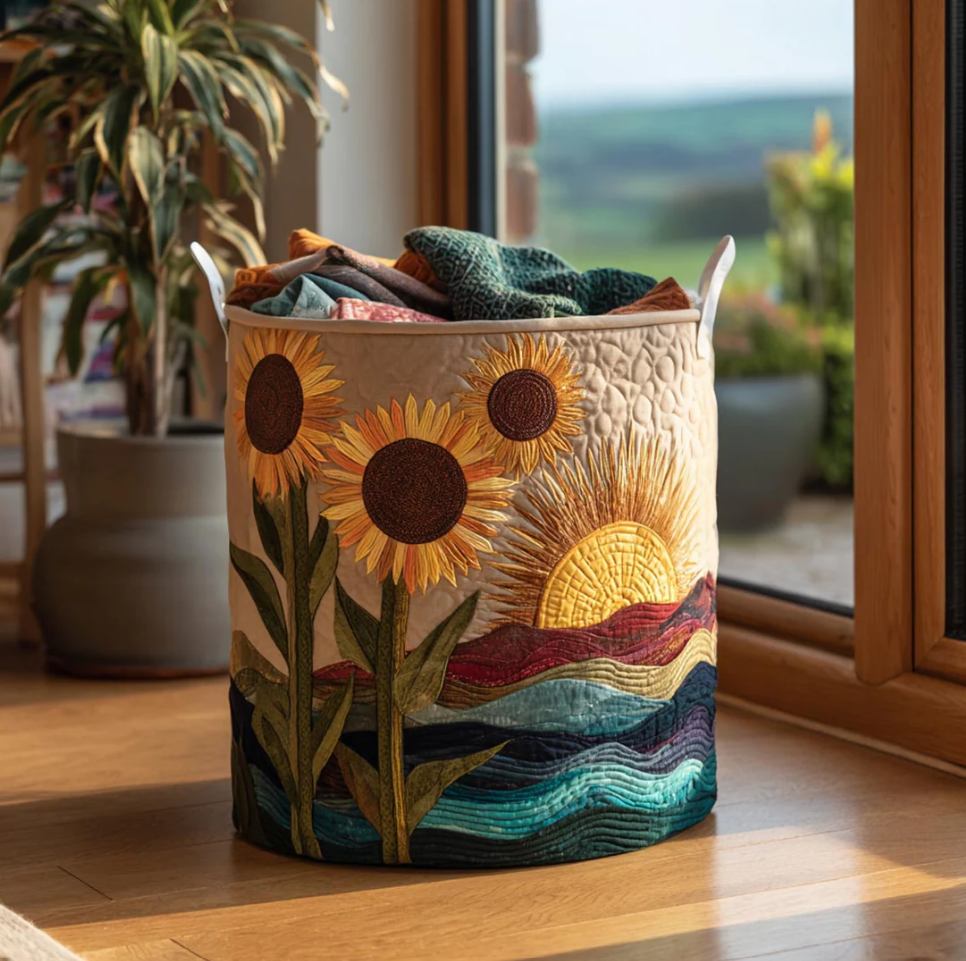 Vivid Sunflower Floral Pattern Quilted Laundry Basket Eco-Friendly Machine Washable Storage Bin for Home Farmhouse Living Room Decor | Sunflower