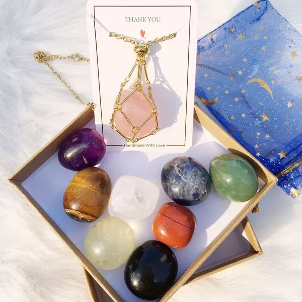 Crystal stone holder necklace gift set with natural crystals