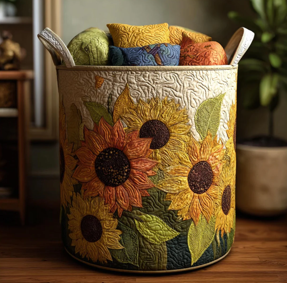 Vivid Sunflower Floral Pattern Quilted Laundry Basket Eco-Friendly Machine Washable Storage Bin for Home Farmhouse Living Room Decor | Sunflower