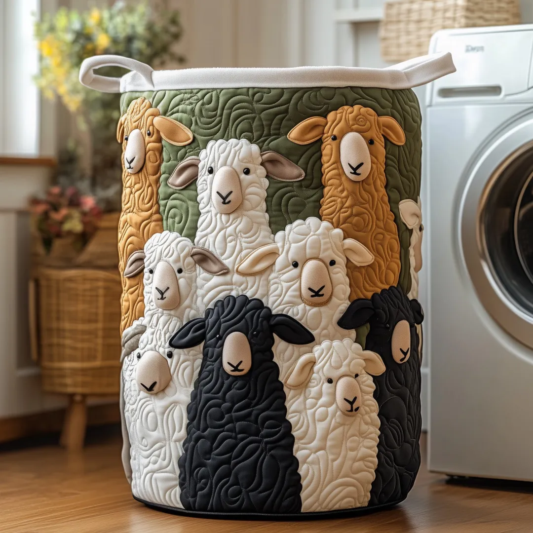 Sheep Quilted Laundry Basket, Large Capacity Round Hamper with 3D Fluffy Multi-Color Sheep Design