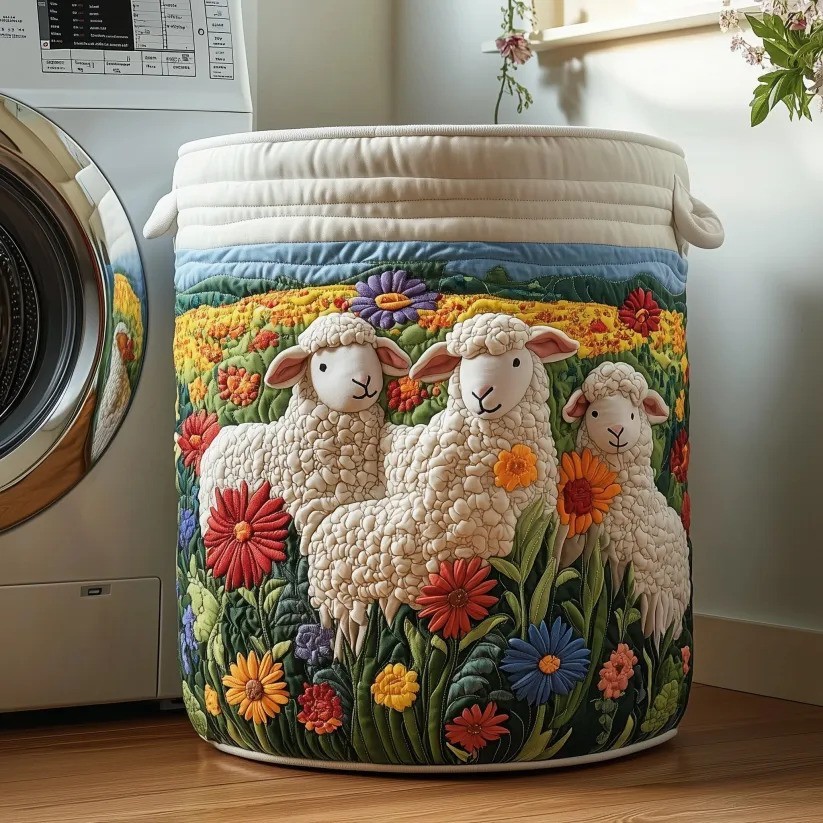 Floral Sheep Quilted Laundry Basket