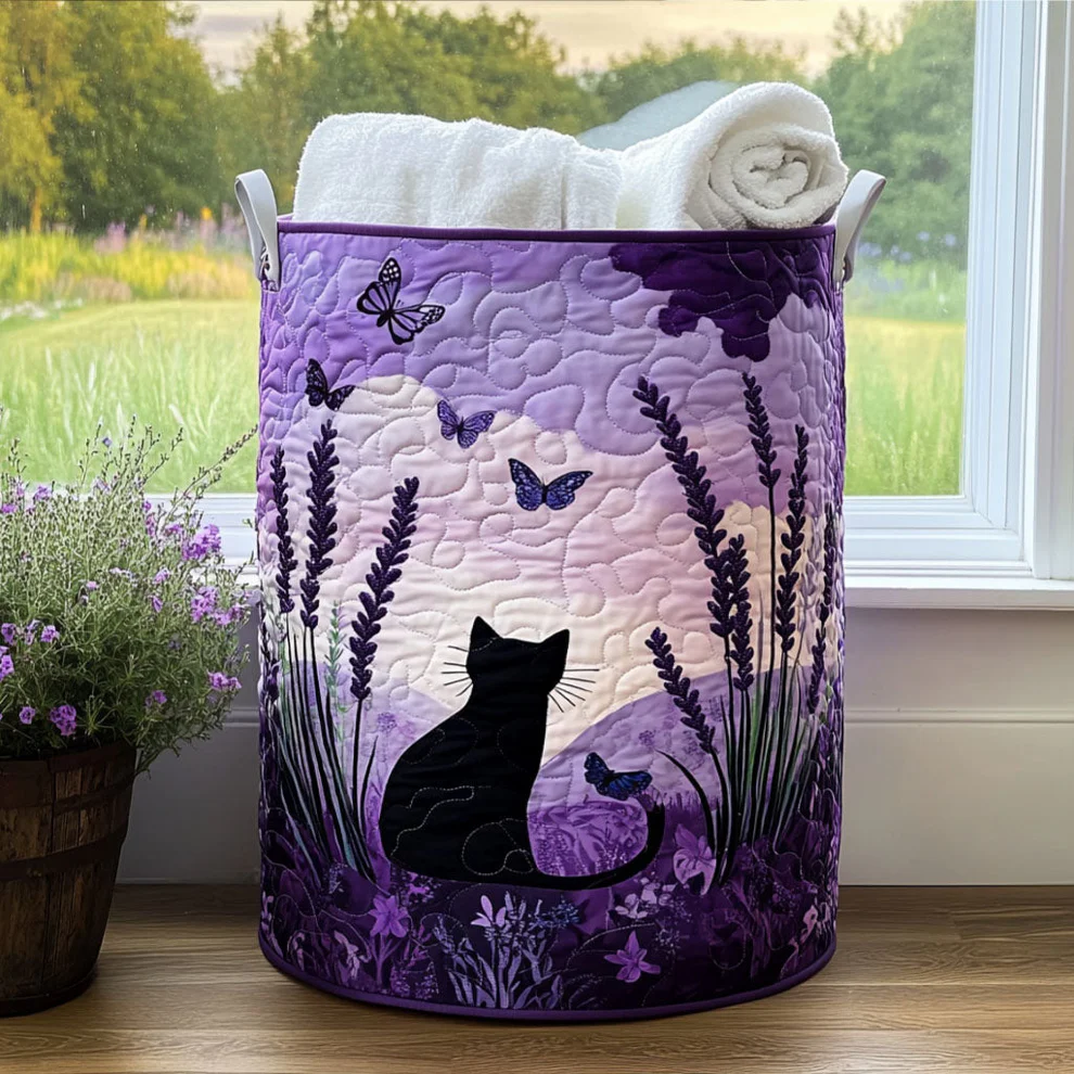 Cat and book  Quilted Laundry Basket