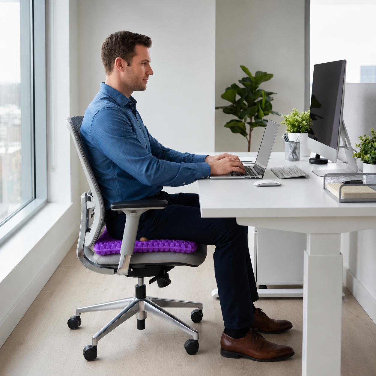 Image to replace: tired office worker sitting comfortably on the ergonomic silicone gel cushion at a desk