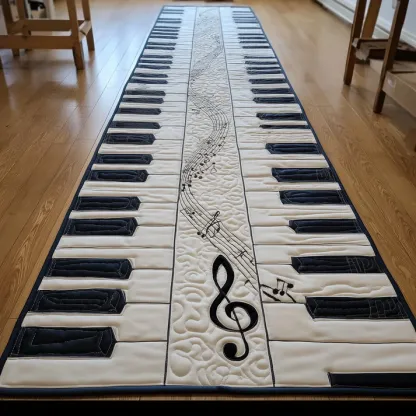 Calming Ocean Piano Style Piano & Wave Beach Pattern Quilted Runner Rug with Contrast Key Design | Piano