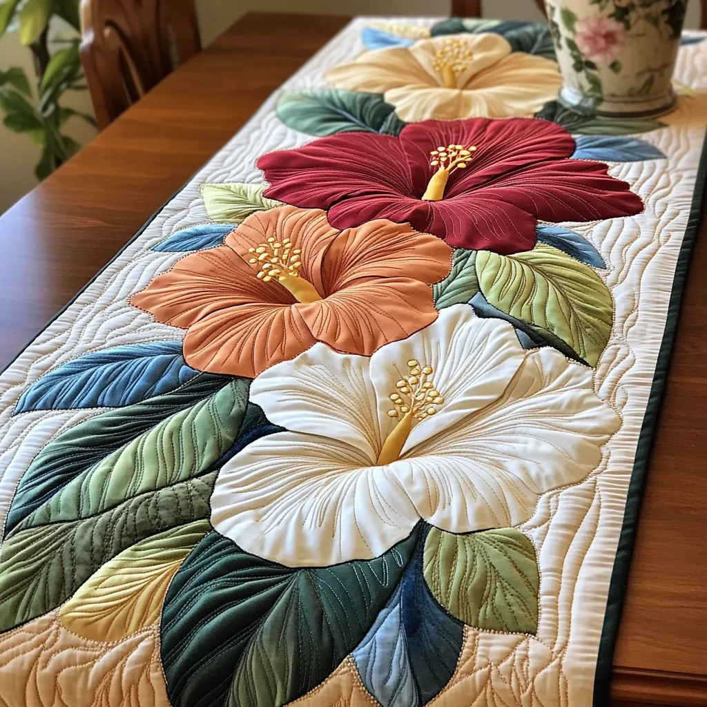 Tropical Hibiscus Blooms Quilted Table Runner 🌺🌿✨