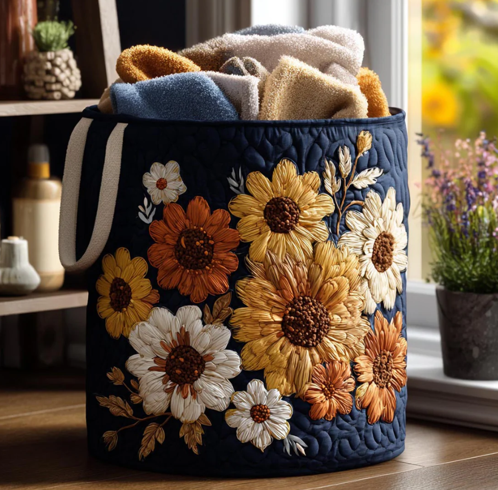 Vivid Sunflower Floral Pattern Quilted Laundry Basket Eco-Friendly Machine Washable Storage Bin for Home Farmhouse Living Room Decor | Sunflower