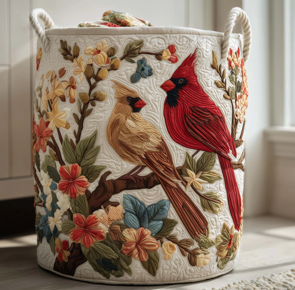 Elegant Cardinal Bird & Floral Pattern Quilted Laundry Basket Eco-Friendly Machine Washable Storage Bin for Home Rustic Country Decor | Bird