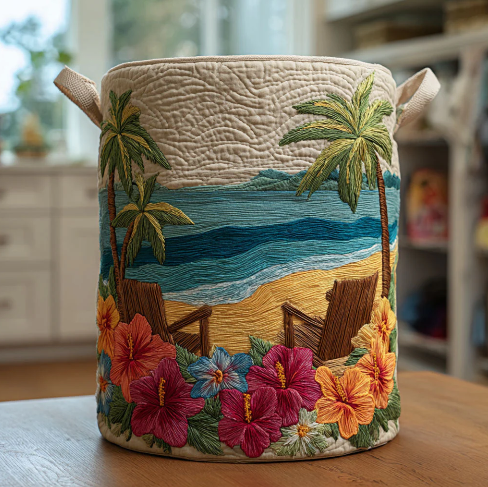 Tropical Hawaiian Floral & Palm Tree Pattern Quilted Laundry Basket Eco-Friendly Machine Washable Storage Bin for Home Coastal Decor Organization | Sunset  Sea