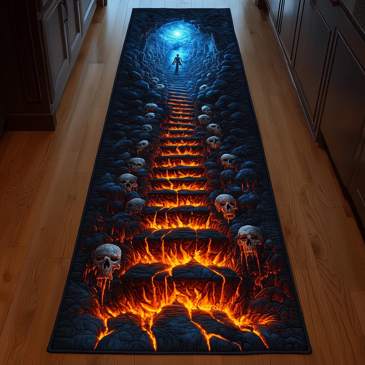 3D Gothic Dark Style Flaming Pathway & Hell Staircase Skull Pattern Quilted Runner Rug with Lava Crack Decor | Flaming Skull