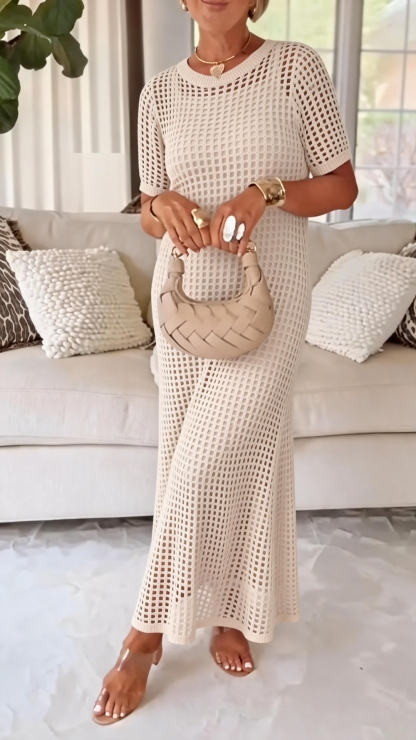 Elegant Knit Mesh Layered Two-Piece Maxi Dress
