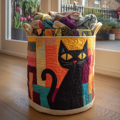 Artistic Black Cat Pattern Quilted Laundry Basket Eco-Friendly Machine Washable Storage Organizer for Home Cat Lover Room Decor | Cat
