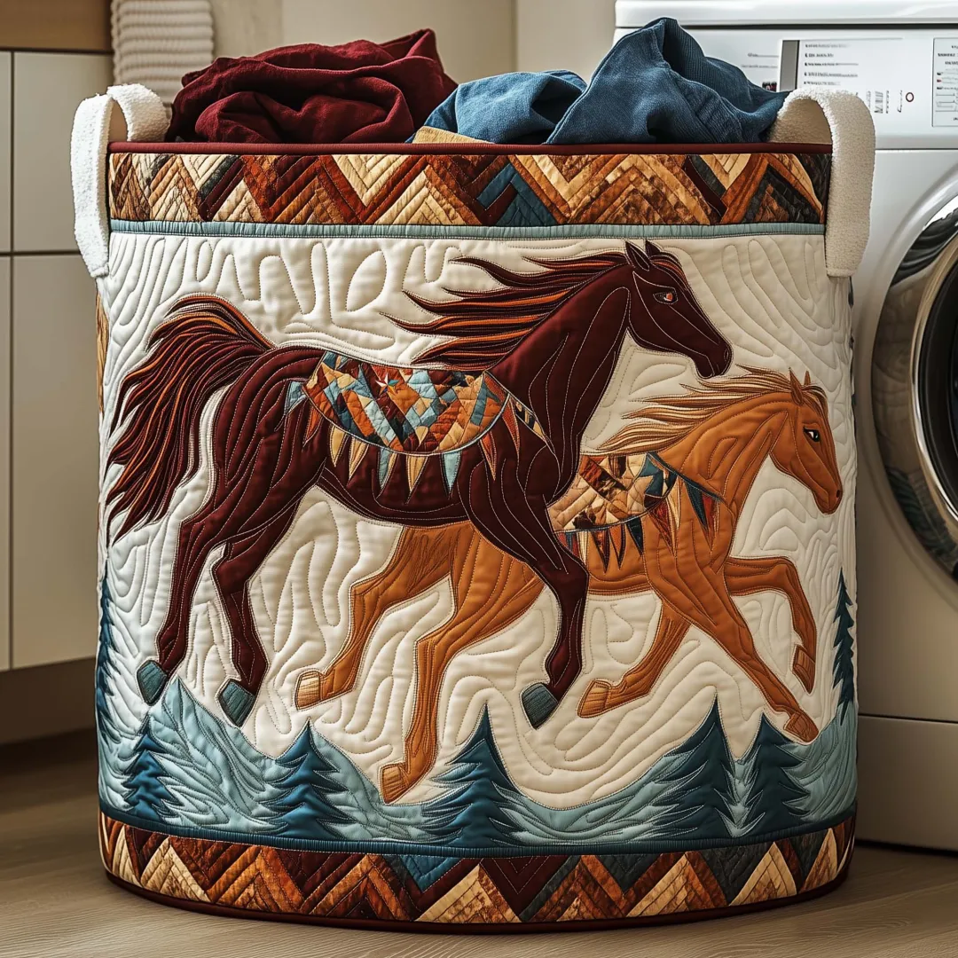 Native Horse Quilted Laundry Basket, Large Capacity Round Hamper with Native American Style Running Horses & Geometric Pattern