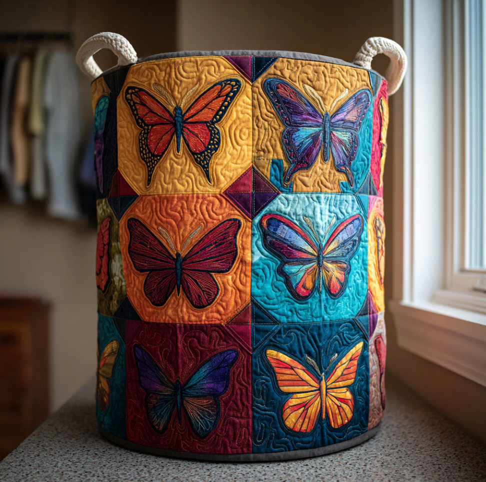 Vibrant Floral Butterfly Pattern Quilted Laundry Basket Eco-Friendly Machine Washable Storage Organizer for Home Living Room Bedroom Decor | Butterfly
