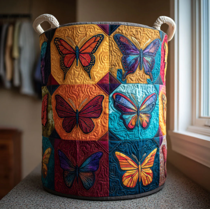 Vibrant Floral Butterfly Pattern Quilted Laundry Basket Eco-Friendly Machine Washable Storage Organizer for Home Living Room Bedroom Decor | Butterfly