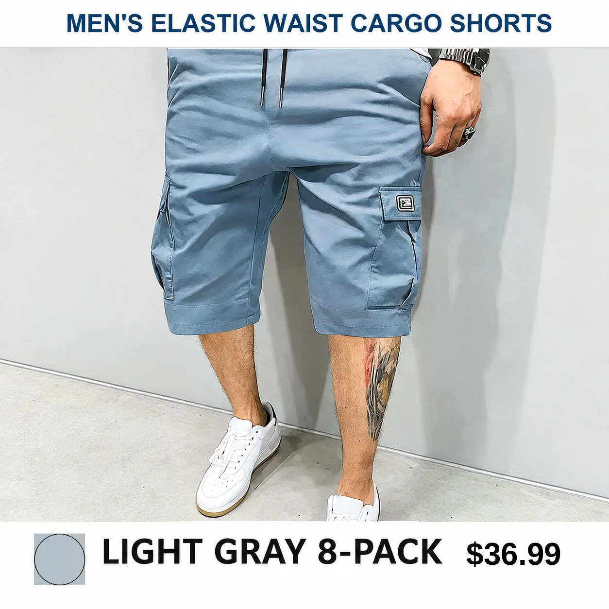Men's 8-Pack Elastic Waist Drawstring Cargo Shorts
