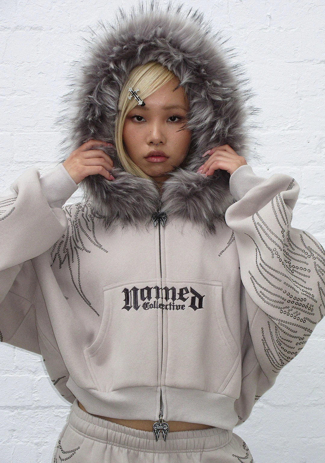 FALLEN FAUX FUR RHINESTONE ZIP TRACKSUIT WASHED BLACK (DETACHABLE FUR)