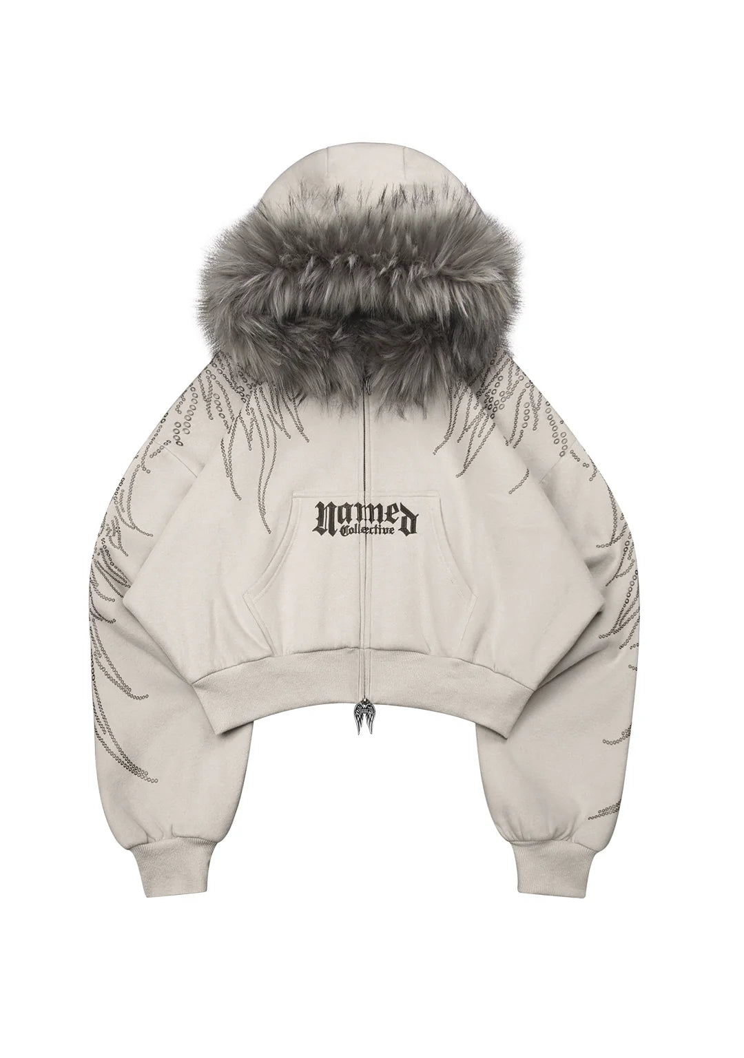 FALLEN FAUX FUR RHINESTONE ZIP TRACKSUIT WASHED BLACK (DETACHABLE FUR)