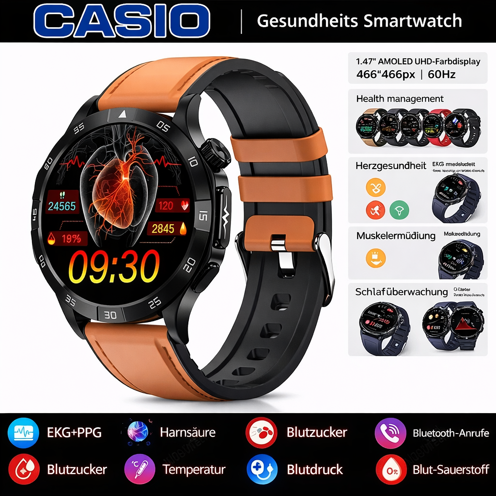 👉 CASIO AI – Intelligente medizinische Smartwatch 2026 ⌚️ EKG + PPG, Überwachung von Blutzucker, Fett und Harnsäure – Gesundheit und Stil in einem! 🏃‍♂️