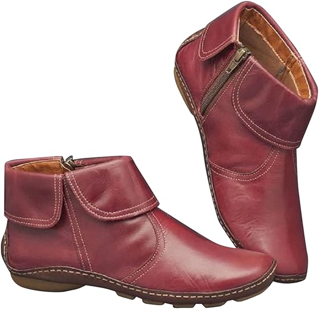 Retro Women Walking Arch Support Boots Faux Leather Zip Flat Ankle Boo