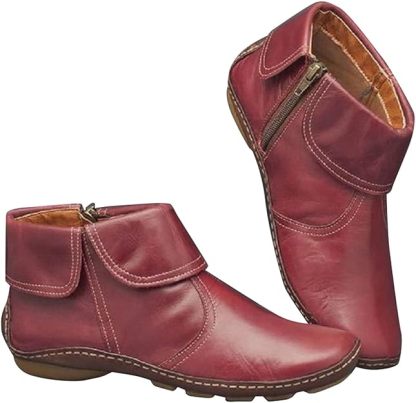 Retro Women Walking Arch Support Boots Faux Leather Zip Flat Ankle Booties Shoes